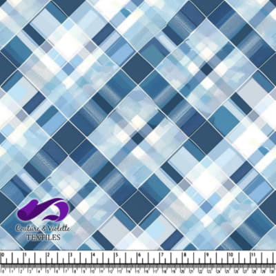 Blue and white diagonal plaid fabric pattern