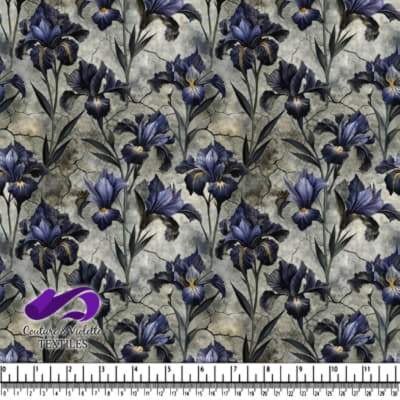 Dark blue iris flowers with long green leaves on a cracked stone background pattern