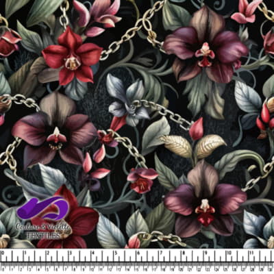 Orchid flowers and gold chains on dark floral background