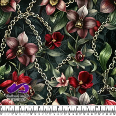 Dark floral pattern with red and pink flowers intertwined with gold chains