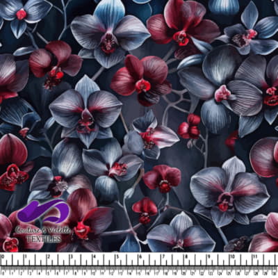 Motif floral sombre avec des orchidées rouges et bleues
