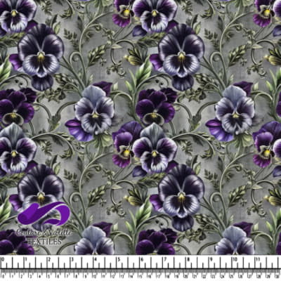 Tissu floral vintage avec des fleurs de pensées violettes et des feuilles vertes