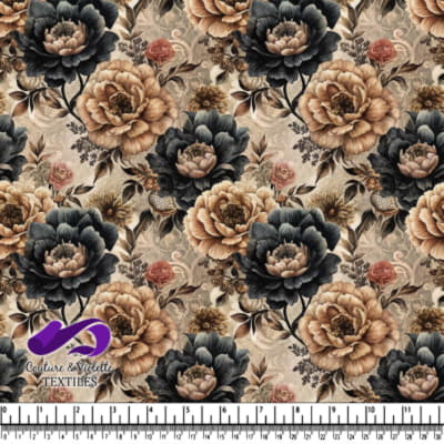 Vintage floral fabric pattern with large beige and dark blue flowers