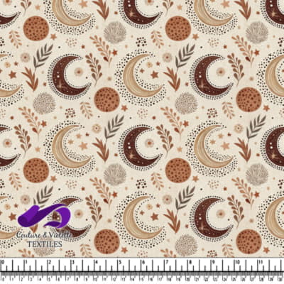 Motif Céleste avec Lunes Étoiles Feuilles et Points en Tons Terrestres