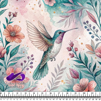 Colibri coloré entouré de fleurs et feuilles pastel - illustration aquarelle