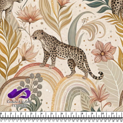 Léopard se tenant parmi des feuilles tropicales et des fleurs