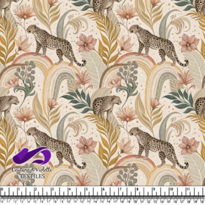 Léopard se tenant parmi des feuilles tropicales et des fleurs