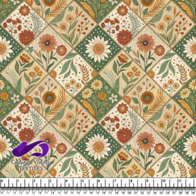 Motif patchwork floral vintage avec des fleurs orange et vertes