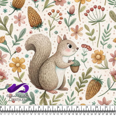 Joli écureuil tenant un gland entouré de fleurs colorées