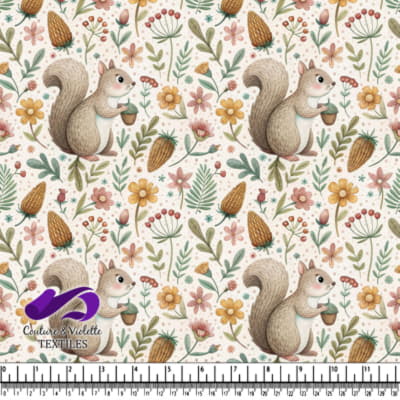 Joli écureuil tenant un gland entouré de fleurs colorées