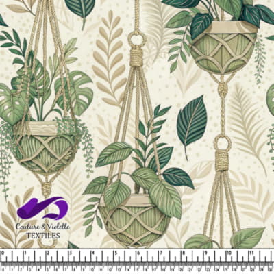 Green leafy plants in hanging macrame pots with tropical leaf
