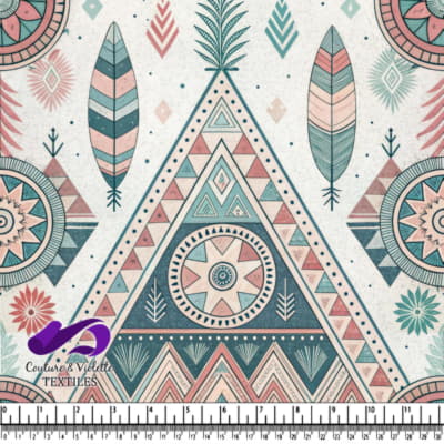 Motif tribal bohème avec plumes, formes géométriques et mandalas en couleurs pastel