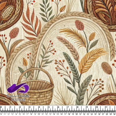 Motif Botanique de Récolte d'Automne avec Panier Tissé