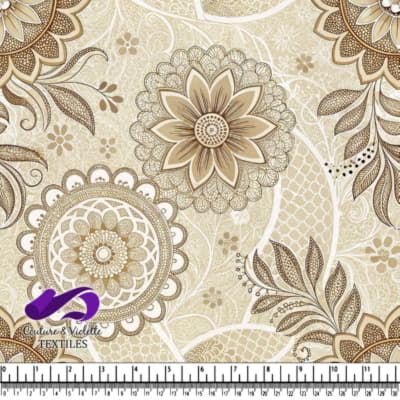 Dentelle florale beige et brune avec des motifs de fleurs et de feuilles