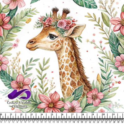 Watercolor giraffe surrounded by pink flowers and green leaves