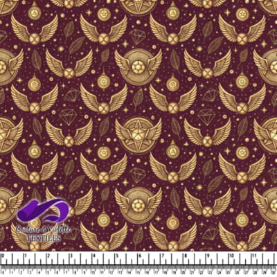 Motif magique avec des plumes dorées, des étoiles et des symboles mystiques