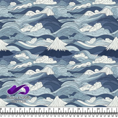 Motif stylisé de montagnes et nuages bleu et blanc