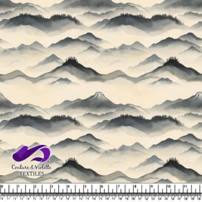 Mountain landscape with silhouettes of trees and hills