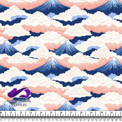 Stylized mountain landscape with clouds and pastel sky