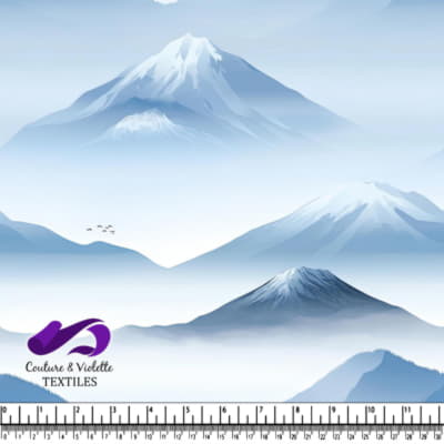 Serene Misty Blue Mountain Landscape with Snowy Peaks and Birds