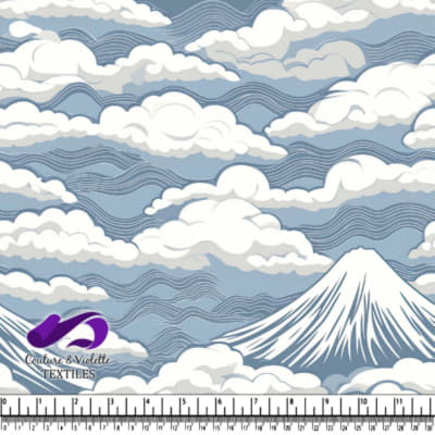 Stylized Mountain and Cloud Pattern on Blue Background Textile