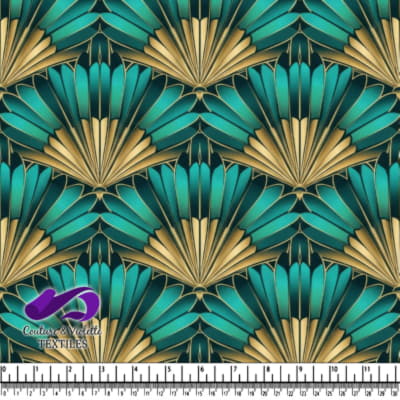 Art Deco Style Geometric Fan Pattern in Gold and Teal Colors
