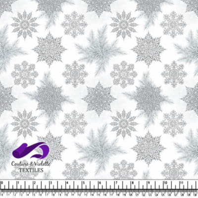 Intricate Silver Snowflakes and Pine Branches Winter Fabric Design
