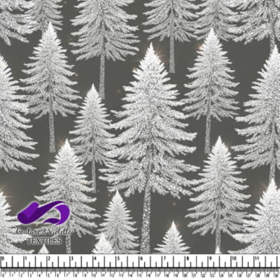Silver Pine Trees Pattern on Dark Gray Background Textile Design