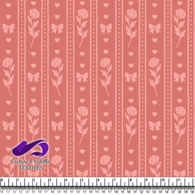 Pink floral and heart vertical stripe pattern fabric