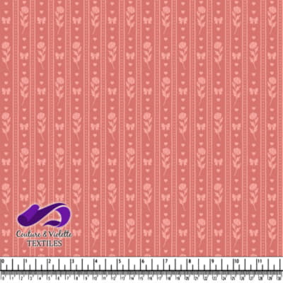 Pink floral and heart vertical stripe pattern fabric