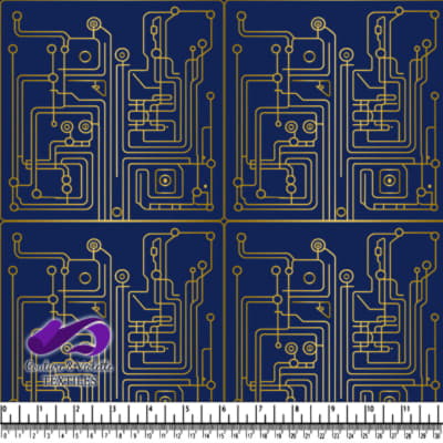 Gold Circuit Board Pattern on Navy Blue Fabric Design
