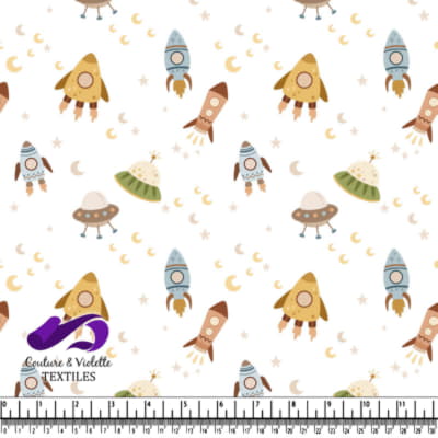 Joli Motif Vintage de Fusée et OVNI dans l'Espace