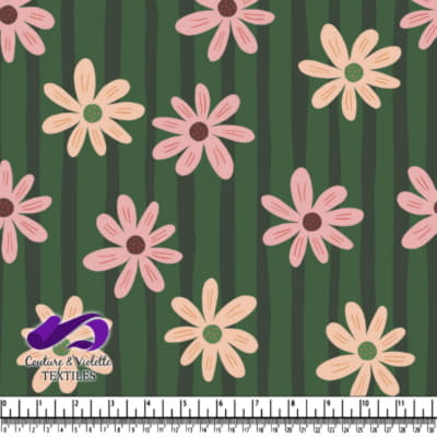 Green Striped Background with Pink and Peach Flowers Pattern
