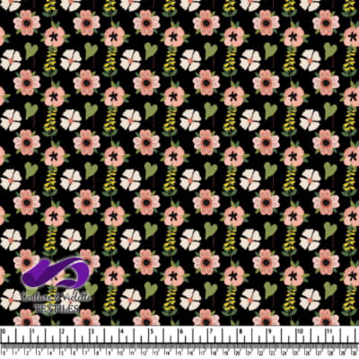 Motif floral rose et blanc avec des feuilles vertes sur fond noir