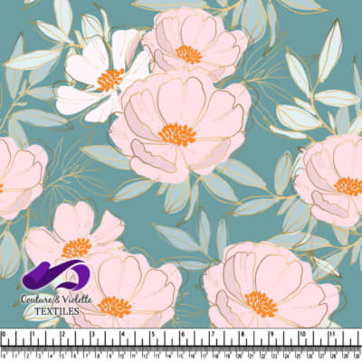 Pastel Pink Floral Pattern on Blue Background