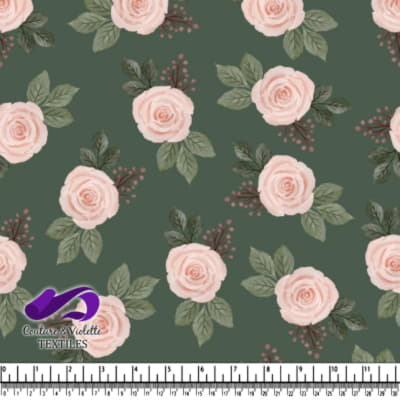 Vintage Pink Roses Floral Pattern on Green Background