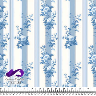 Tissu Rayé Floral Bleu et Blanc