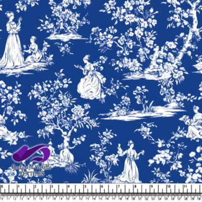 Motif Toile Vintage Victorien Femmes et Enfants en Bleu