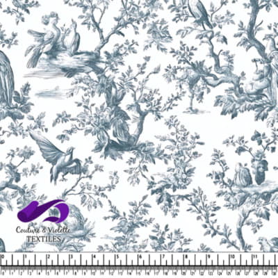 Vintage Bird and Nature Toile Fabric Pattern in Blue and White