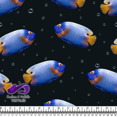 Blue and yellow tropical fish on black background pattern