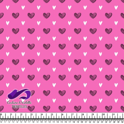 Pink Fabric Pattern with Black and White Hand Drawn Hearts
