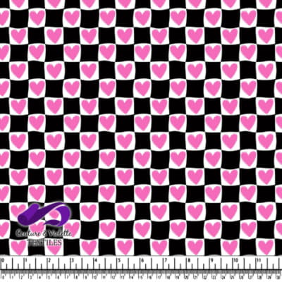 Pink Hearts on Wavy Black and White Checkerboard Pattern