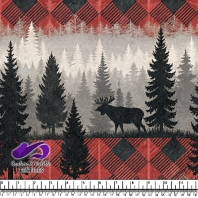 Moose in Misty Forest with Red and Black Plaid Background