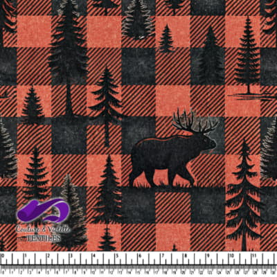 Plaid Black and Orange Woodland Moose and Pine Trees Pattern