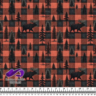 Plaid Black and Orange Woodland Moose and Pine Trees Pattern