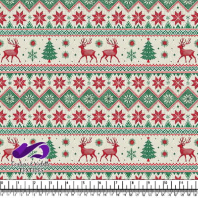 Christmas Pattern with Reindeer Snowflakes and Trees Fabric Design