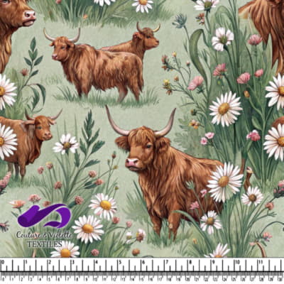 Highland Cows in Flower Meadow Pattern
