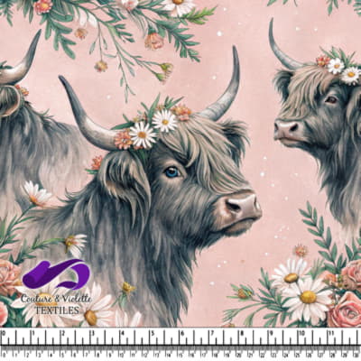 Highland Cows in Floral Crowns Pattern