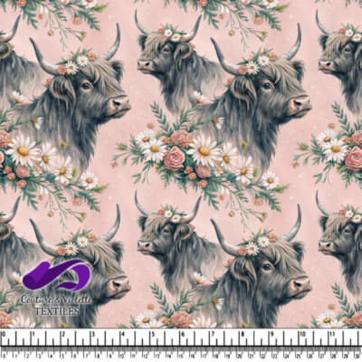 Highland Cows in Floral Crowns Pattern