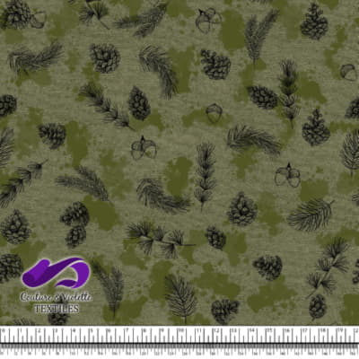 Conifères et taches kakis sur fond olive